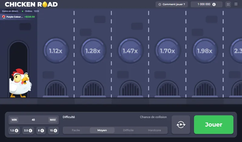 Prédicteur Chicken Road : inutile face au hasard, écran du jeu avec le bandeau « Gains en direct » et le gain d'un autre joueur
